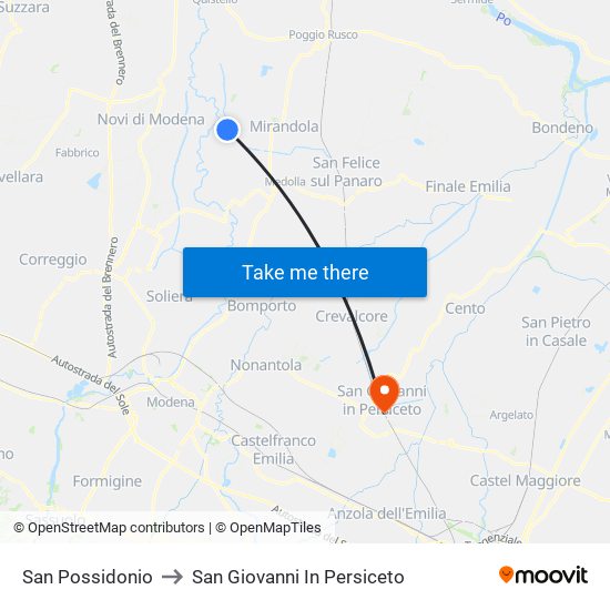 San Possidonio to San Giovanni In Persiceto map