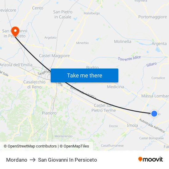 Mordano to San Giovanni In Persiceto map