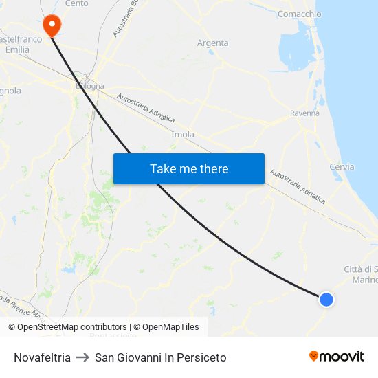 Novafeltria to San Giovanni In Persiceto map