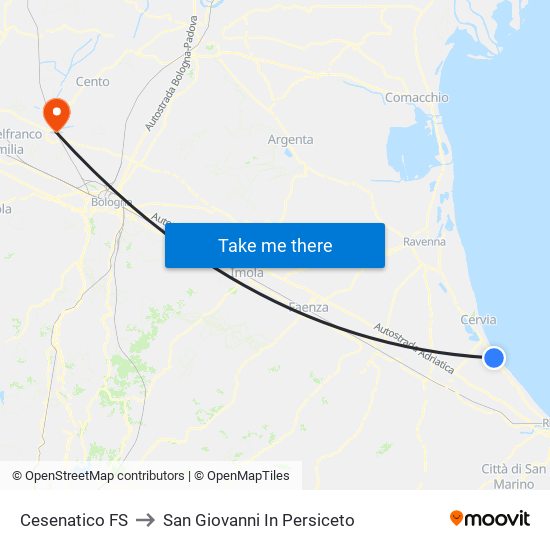 Cesenatico FS to San Giovanni In Persiceto map