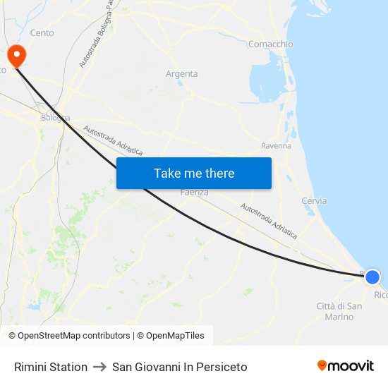 Rimini Station to San Giovanni In Persiceto map