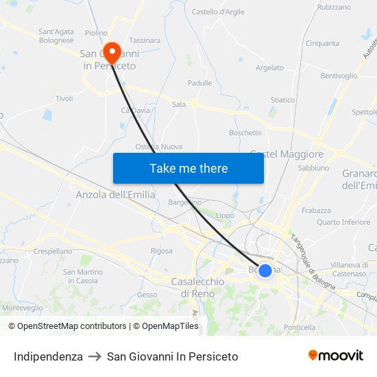 Indipendenza to San Giovanni In Persiceto map