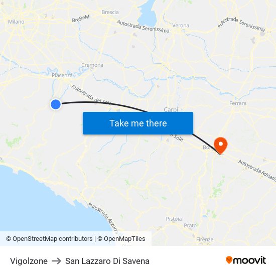 Vigolzone to San Lazzaro Di Savena map