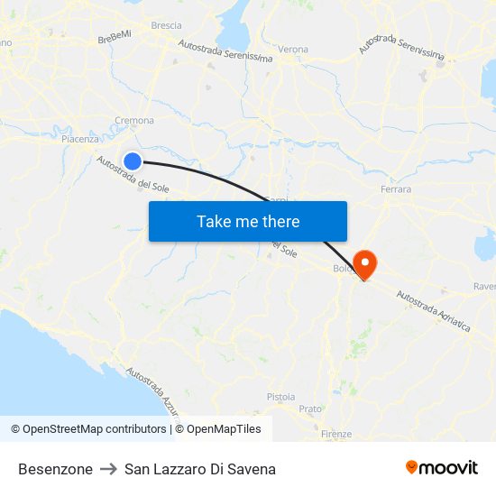 Besenzone to San Lazzaro Di Savena map