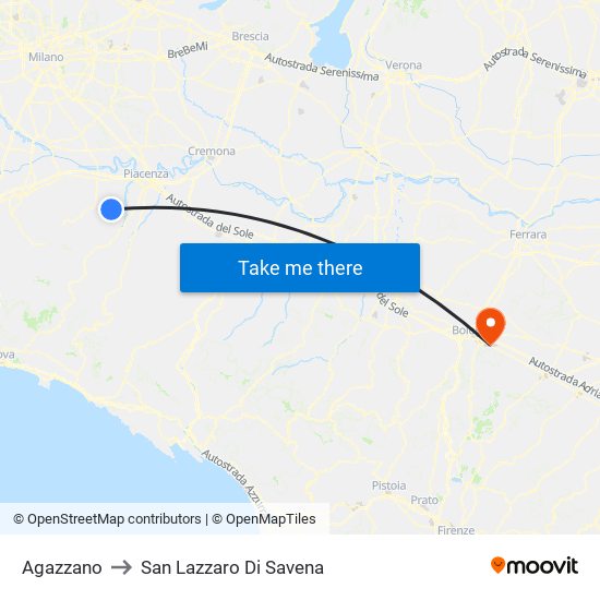 Agazzano to San Lazzaro Di Savena map