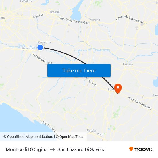 Monticelli D'Ongina to San Lazzaro Di Savena map