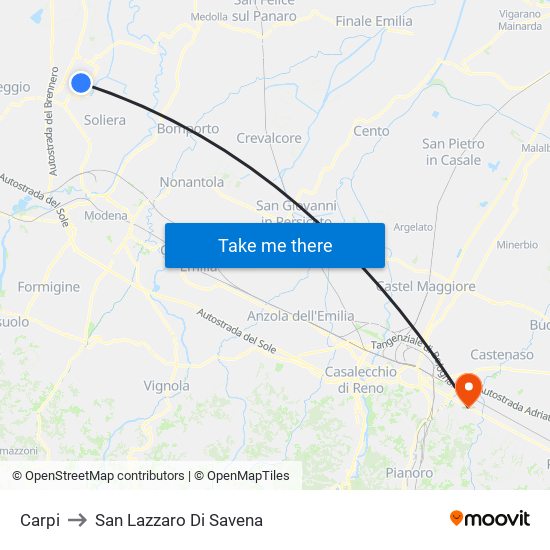 Carpi to San Lazzaro Di Savena map