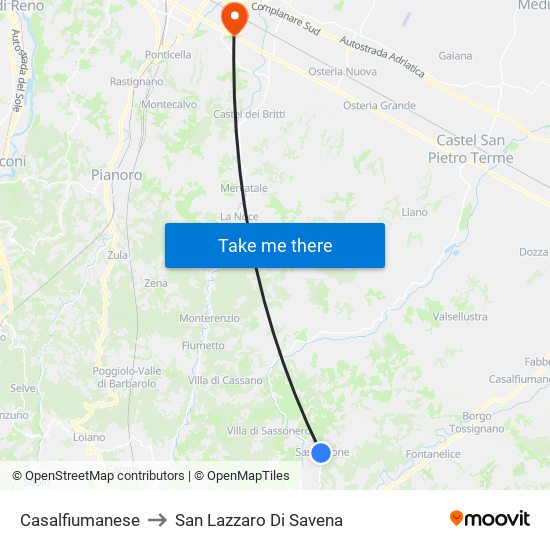 Casalfiumanese to San Lazzaro Di Savena map