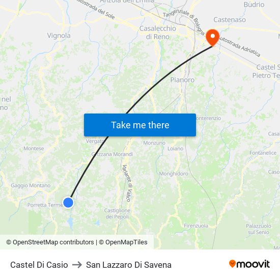 Castel Di Casio to San Lazzaro Di Savena map