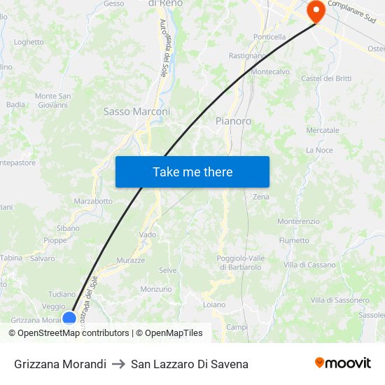 Grizzana Morandi to San Lazzaro Di Savena map