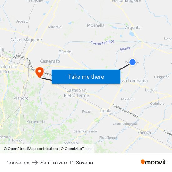 Conselice to San Lazzaro Di Savena map