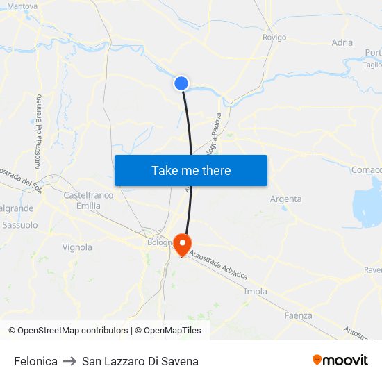 Felonica to San Lazzaro Di Savena map