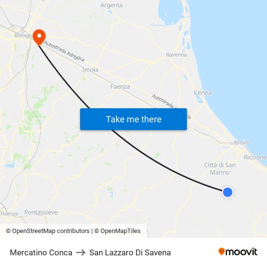 Mercatino Conca to San Lazzaro Di Savena map