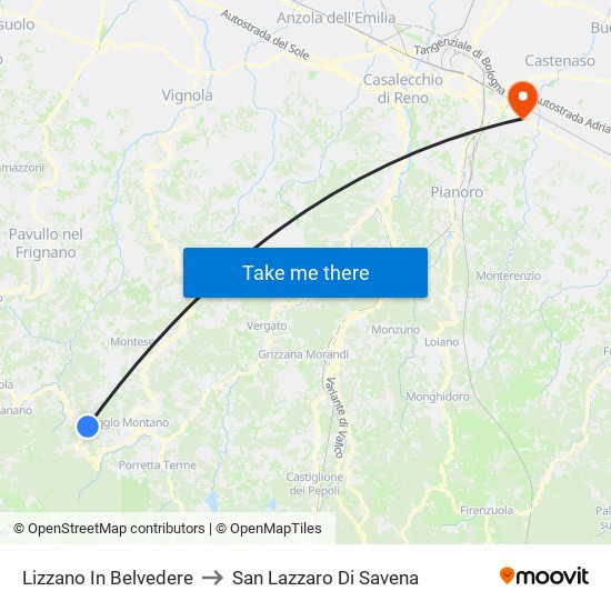 Lizzano In Belvedere to San Lazzaro Di Savena map