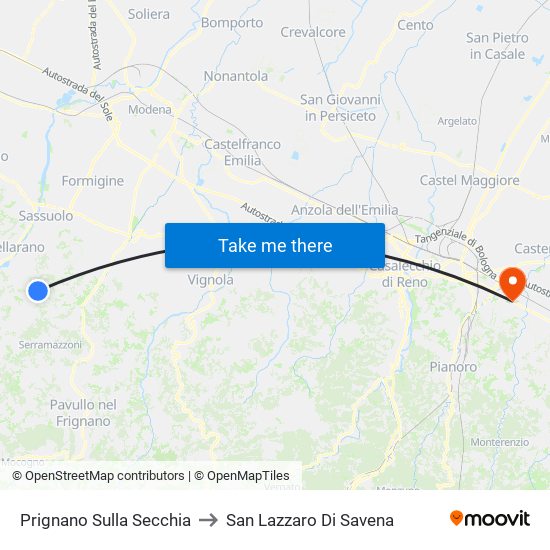 Prignano Sulla Secchia to San Lazzaro Di Savena map