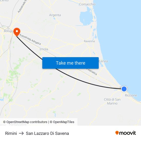Rimini to San Lazzaro Di Savena map