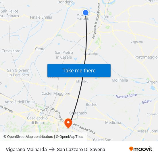 Vigarano Mainarda to San Lazzaro Di Savena map