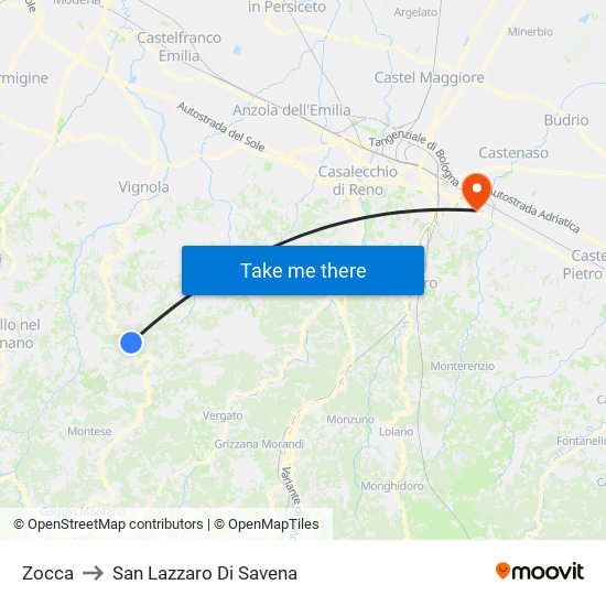 Zocca to San Lazzaro Di Savena map