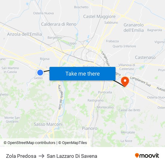 Zola Predosa to San Lazzaro Di Savena map