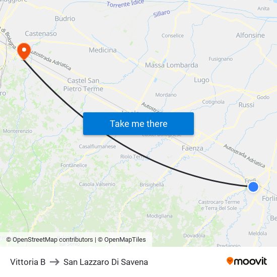 Vittoria B to San Lazzaro Di Savena map