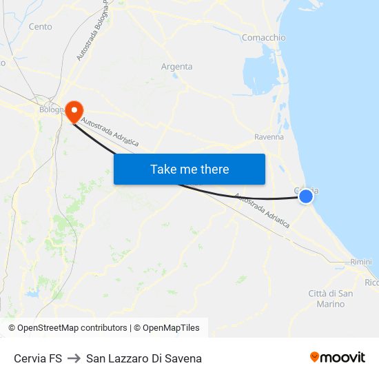 Cervia FS to San Lazzaro Di Savena map