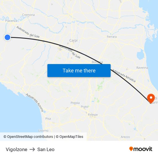 Vigolzone to San Leo map