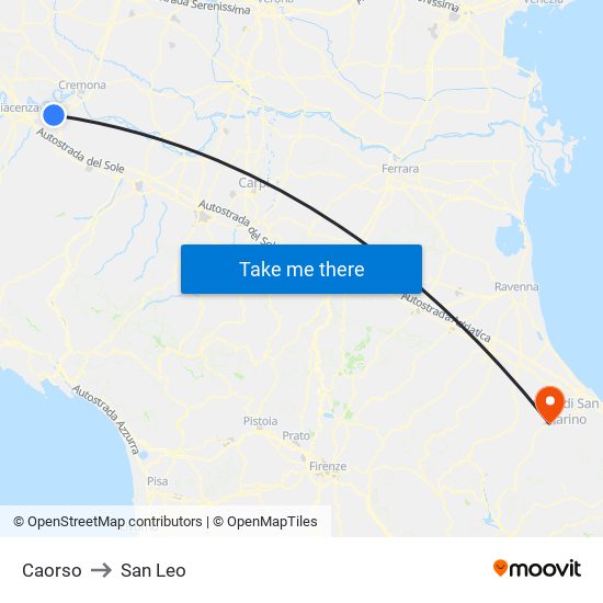 Caorso to San Leo map