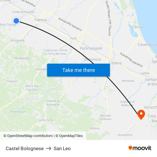 Castel Bolognese to San Leo map