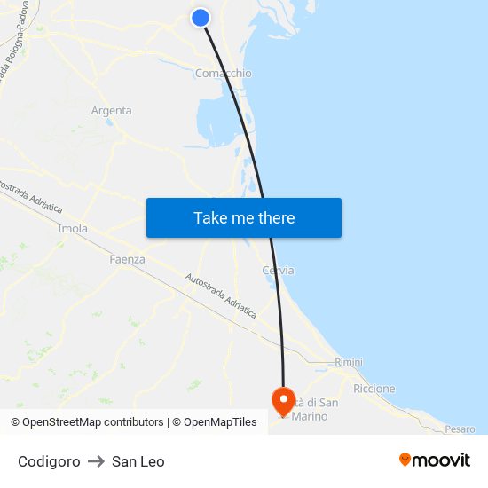 Codigoro to San Leo map