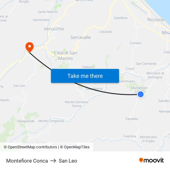 Montefiore Conca to San Leo map