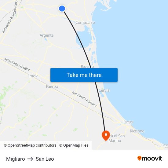 Migliaro to San Leo map