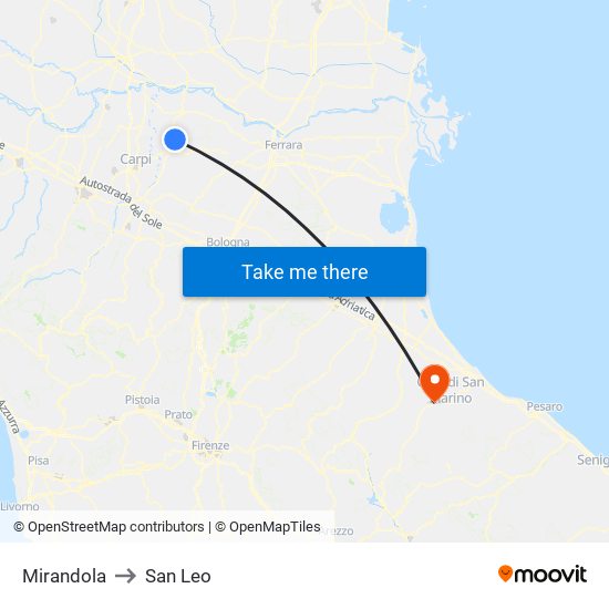 Mirandola to San Leo map