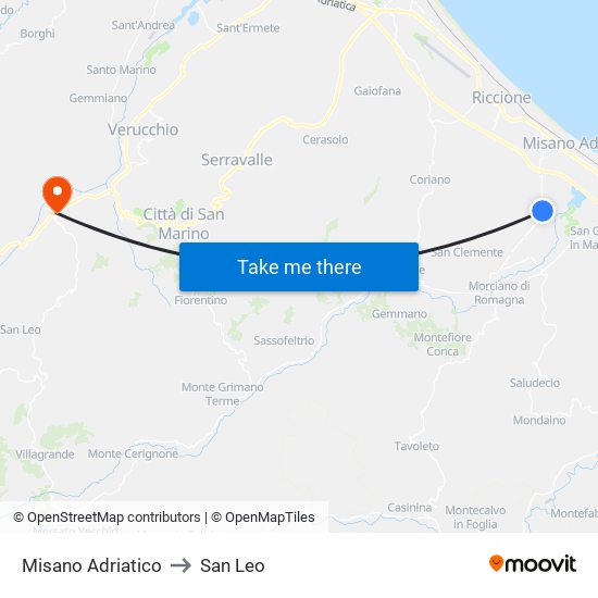 Misano Adriatico to San Leo map