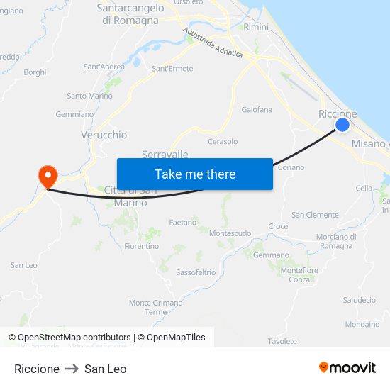 Riccione to San Leo map