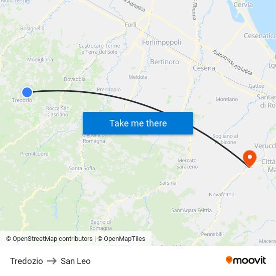 Tredozio to San Leo map