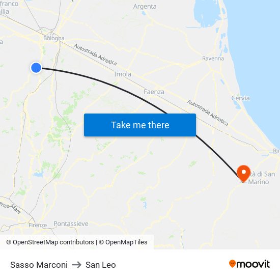 Sasso Marconi to San Leo map