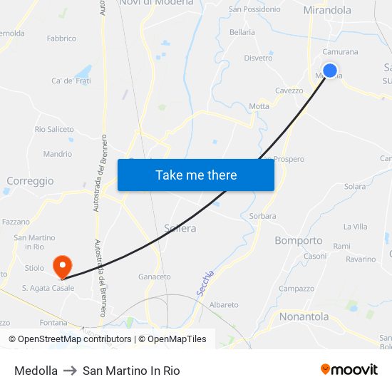 Medolla to San Martino In Rio map