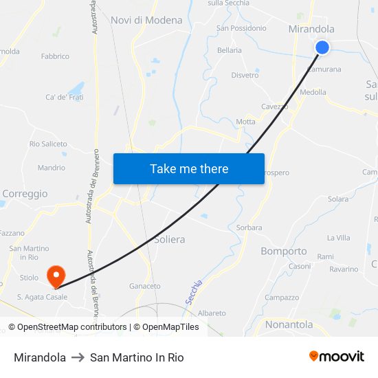 Mirandola to San Martino In Rio map