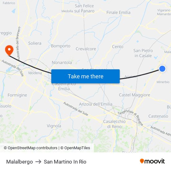 Malalbergo to San Martino In Rio map