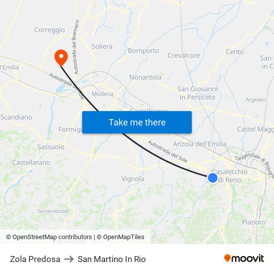 Zola Predosa to San Martino In Rio map