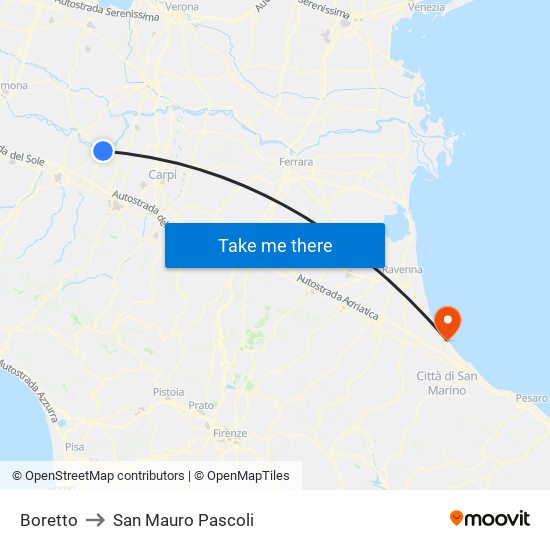 Boretto to San Mauro Pascoli map