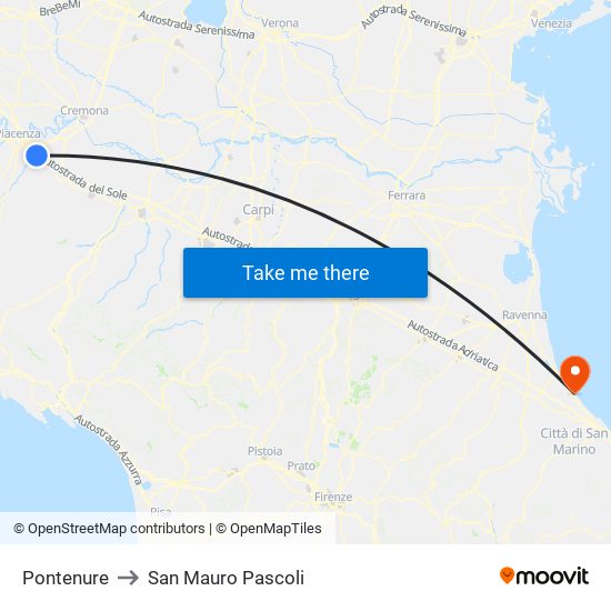 Pontenure to San Mauro Pascoli map