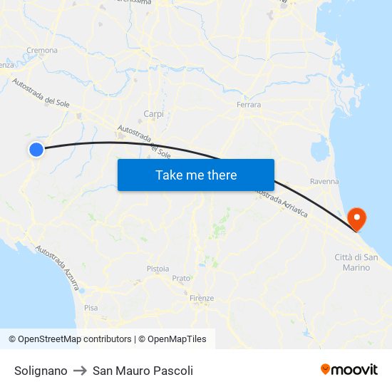 Solignano to San Mauro Pascoli map