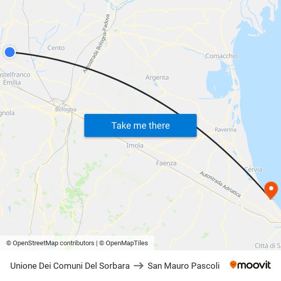 Unione Dei Comuni Del Sorbara to San Mauro Pascoli map