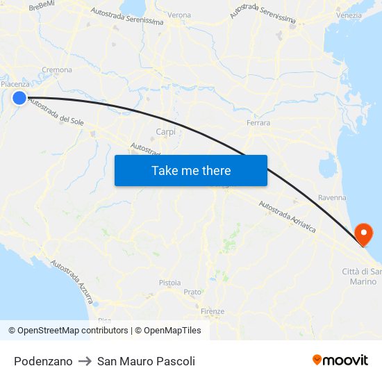 Podenzano to San Mauro Pascoli map