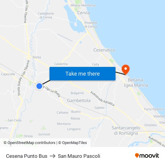 Cesena Punto Bus to San Mauro Pascoli map
