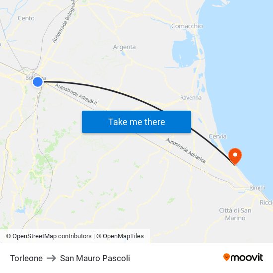 Torleone to San Mauro Pascoli map