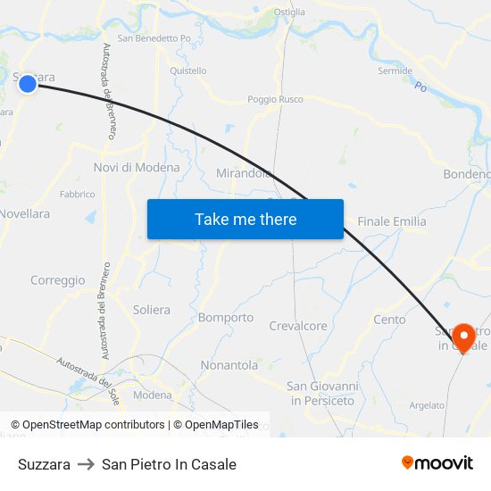 Suzzara to San Pietro In Casale map