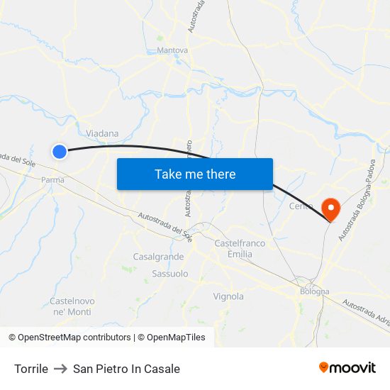 Torrile to San Pietro In Casale map