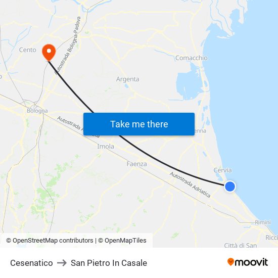 Cesenatico to San Pietro In Casale map